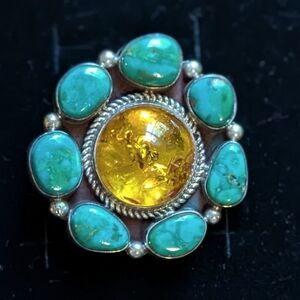 Vintage Navajo Sterling Silver Amber and Turquoise Hat Pin
